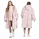 OHS Rain Coats for Women, Zebra Print Oversized Waterproof Jacket Fleece Lining Dry Robes Adult Womens with Hood & Pockets Lightweight Breathable Changing Robe Women Outdoor, Beige - S/M