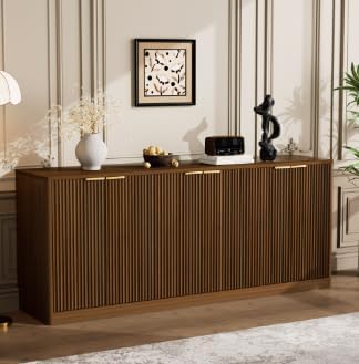 67-Inch Modern Wavy Sideboard, Walnut Wood Storage Cabinet with 6 Doors for Living Room TV Stand or Dining Room Buffet