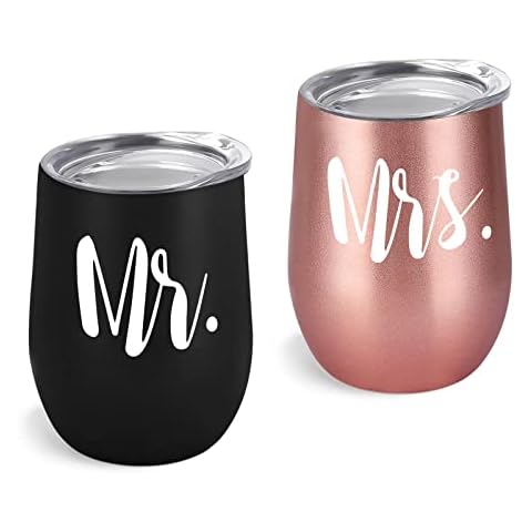 GINGPROUS Mr and Mrs Wine Tumbler Set, Mr Mrs Wedding Gift for Newlyweds Couples Bride His and Her Bridal Shower Engagement Honeymoon, 12 Oz Stainless Steel Wine Tumbler with Lid and Straw Black＆Rose Cover