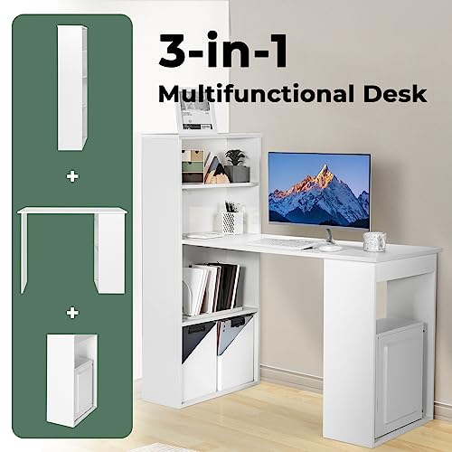 Giantex 48 Inch Computer Desk with Bookshelf, 3-in-1 Home Office Desk with 4-Tier Bookcase & CPU Stand, Space-Saving Reversible Writing Desk Work Table for Bedroom, Study Room, Office (White) - Thumbnail 4