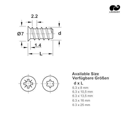 LIKERAINY Stahl Euro-Schrauben 6,3 x 8 mm Varianta Möbelbefestigungen mit Vollgewinde Bohrungsdurchmesser 5mm Schrauben für Auszugsschienen Verbindungsschraube für Holz 50 Stück