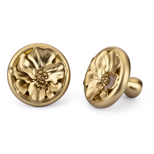 Rergy 4 Stück Blumenform Möbelknöpfe Gold Schrankknöpfe Gold Messing Blumenmuster Möbelknauf für Schränke Kleiderschränke Möbel und Hardware