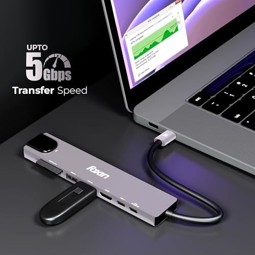 Image of Foxin 8-in-1 Type C Hub, 100W PD Charging, Aluminium Multiport Adapter, 4K HDMI, 100 Mbps RJ45 LAN Ethernet Port, USB 2.0 & 3.0, 2X Type C, TF /mSD /SD Card Reader, LED Indicator - C Hub 8