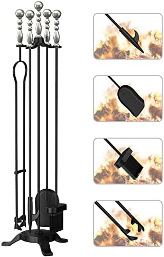 COMFYHOME 5-Piece Fireplace Tools Set 32'',Heavy Duty Wrought Iron Fire Place Tool w/Long Fire Poker, Shovel, Tongs, Brush, Stand for Outdoor Indoor Chimney,Stove, Fire Pit Easy to Assemble,Silver