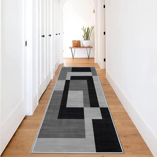 Hafaa Carpet Runners for Hallway Non-Slip 80 x 150 cm - Geometric Pattern Printed Design Bedroom Black and Grey Bedside Carpets for Kitchen, Lounge (Milo Black and Grey)