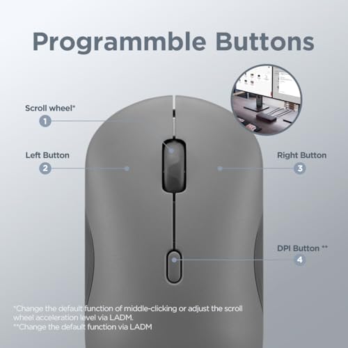 Image of Lenovo 350 Wireless Bluetooth Mouse, Silent Click, 3 Level DPI (1000, 1600, 2400), 36 Month Battery Life, 2 Device Pairing, Luna Grey