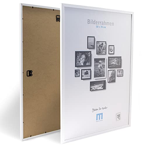 M MERCEO Zeitlos, moderner Bilderrahmen aus MDF, weiß für 50x70 cm kleine Fotos und Bilder, Inkl Acrylglasschutz, er eignet sich als Tisch-Aufsteller und für die Wand, im Hochformat oder Querformat Cover