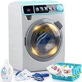 Kids Toy Washing Machine, Realistic Pretend Play Appliance for Girls, Interactive Toy Dollhouse Furniture, Play Washer and Dryer Playset with Spinning Drum, Light & Sound Effects, Laundry Basket Set