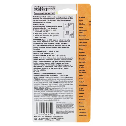 Gorilla Waterproof Caulk & Seal100% Silicone Sealant, 2.8Oz Squeeze Tube, Clear (Pack Of 1) #TOP1
