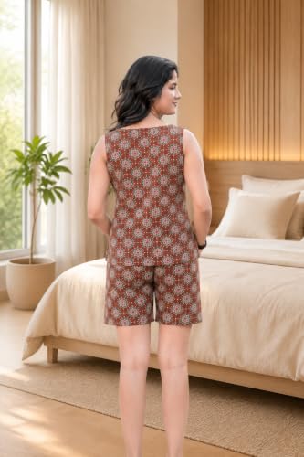 Image of Women's Cotton Night Suit Set - Soft Half Sleeve Top & Printed Shorts for Comfortable Sleepwear & Loungewear | Stylish Summer Nightwear for Women
