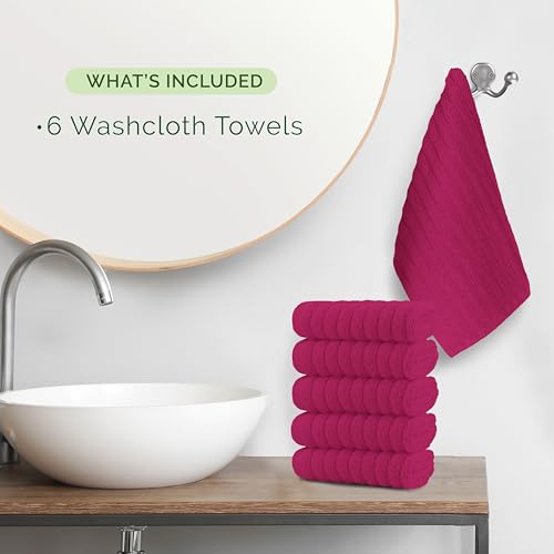 Image of Elegant Comfort 100% Turkish Cotton Corduroy Ribbed Luxury Washcloths 6 Pack Soft 13 x 13 Inch - Higly Absorbent, Durable, Quick Dry, Spa Premium Hotel Quality for Bathroom or Travel, Hot Pink