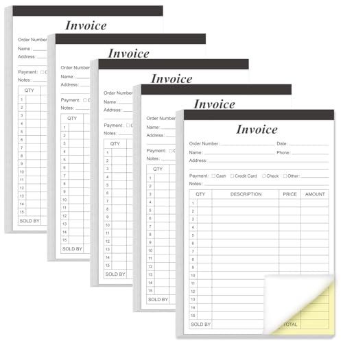(5-Pack) Invoice Receipt Book with Cardboard 2-Part Carbonless, 5.5
