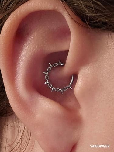 Titanium Septum Ring Daith Hoop 16G ASTM F136 Surgical Titanium Spiked Chain Nose Piercing Jewelry for Men Women, 8mm 10mm, Silver Gold, Hypoallergenic Clicker4
