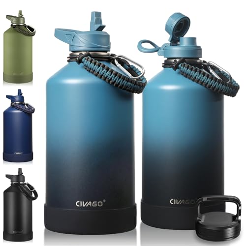 Image of CIVAGO Gallon Insulated Water Bottle Jug with Straw, 128 oz Large Stainless Steel Water Flask, Big Metal Thermal Mug with 3 Lids for Sports, Travel, Gym, and Camping, Indigo Black