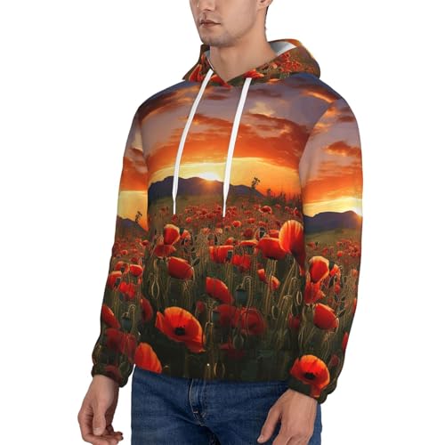 Men's Fleece Pullover Hoodie Long Sleeve Hooded Red Poppy Flower Field in Sunset Sweatshirt Casual Shirts With Pockets3