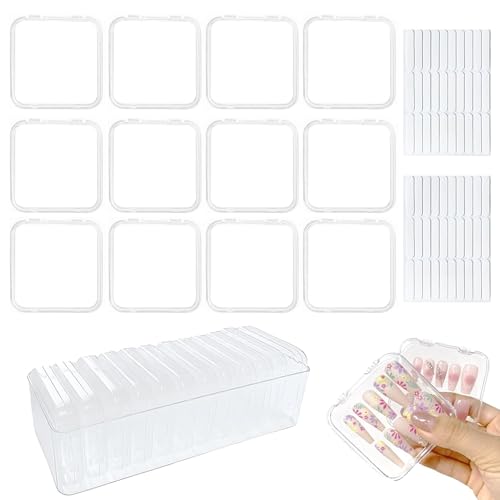 12 Pcs Clear Press On Nail Storage Box Container, False Nail Organizer Case Press On Nail Packaging Box Nail Display Case with Double Sided Tape for Nail Art Home Salon Nail Business Supplies