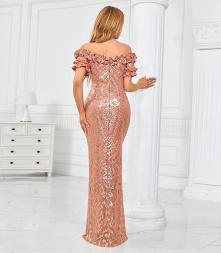 Image of dasmzper Women Sexy Sequin Off Shoulder Ruffle Short Sleeve Bodycon Mermaid Party Formal Evening Maxi Dress