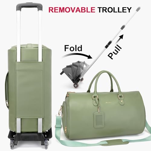 Modoker Rolling Garment Bags with Wheels, Women Garment Duffel Bag for Travel, PU Leather Convertible Garment Bag with Trollery Suit Luggage Bag (Green)2