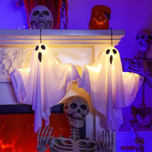 Shabeli Halloween outdoor decorations, LED ghost hanging lights 50 cm, fairy lights, Halloween ghost hanging decorations for parties, courtyards, lawns, and gardens (2 pcs)