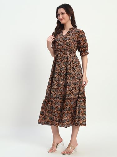 Image of Women's Fit and Flare Dress I Pure Cotton Long Summer Maxi Dress I V-Neck I Casual Wear I Printed Kalamkari Floral Middi