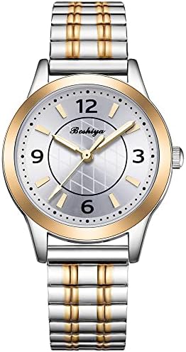 BOSHIYA Women’s Stretch Band Watch Easy Reader 30mm Analog Quartz with Stainless Steel Elastic Strap Waterproof Ladies Wristwatch Gold/Silver