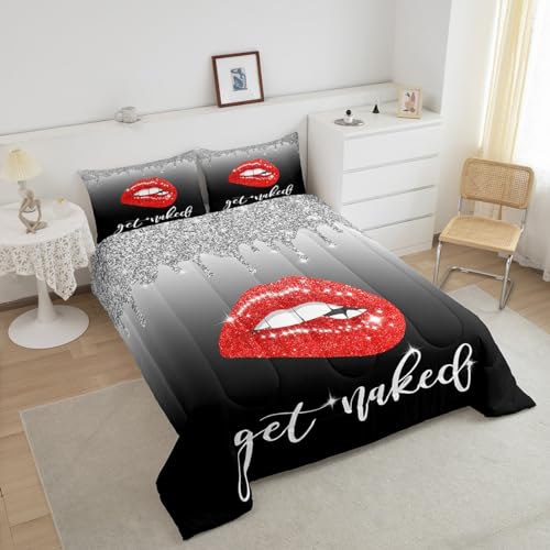 Image of Feelyou Black Bedding Set King, Get Naked Lips Comforter Set Lips Comforter for Kids Toddler Ombre Black and Red Duvet Set with 2 Pillow Case