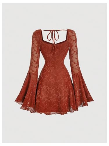 Image of WDIRARA Women's Floral Jacquard Gothic Bell Long Sleeve Dress | Mesh , A Line, Vintage