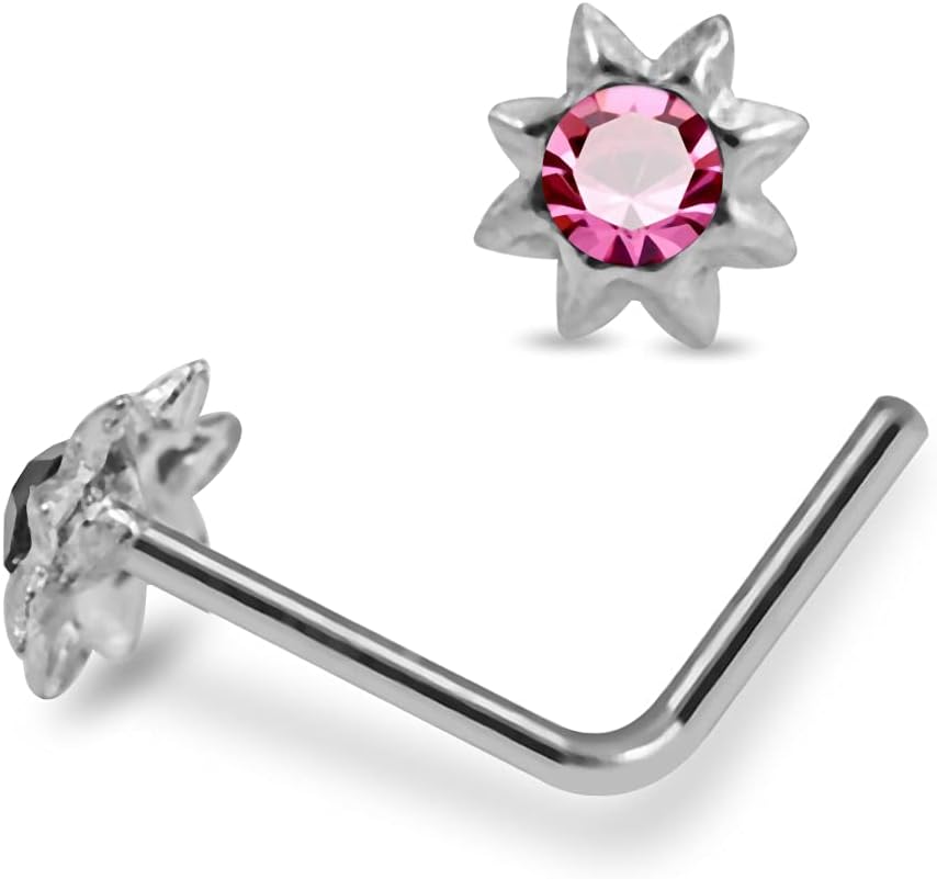 Crystal Stone Mini Sun 22 Gauge 925 Sterling Silver L Shape Nose Pin - Nose Stud - Tiny Nose Ring - Nose Piercing Body Jewelry