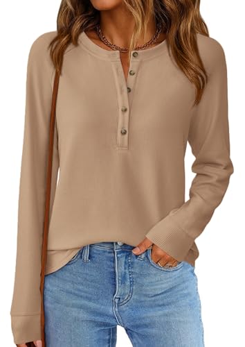 Image of PRETTYGARDEN Women's Long Sleeve Waffle Knit Henley Shirts Loose Tunic Tops