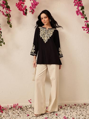 Image of QAZMI Women's Jasmine Kashimiri Aari Embroidered Viscose Rayon A-Line Flared Short Kurti