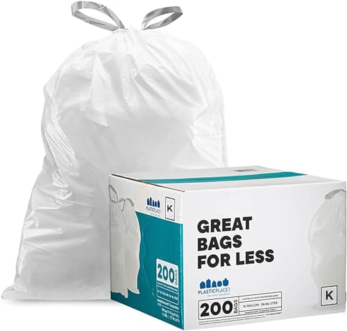 Plasticplace Custom Fit Trash Bags, Compatible with Simplehuman Code K, White Drawstring Garbage Bags Liners, 10 Gallon / 38 Liters, 24