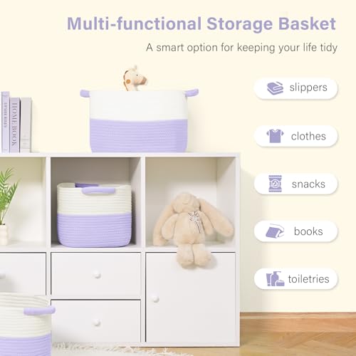Image of Patvingot 13 inchx10 inchx9 inch Cotton Rope Storage Basket, Woven Baskets with Handles for Organizing Home Office, Shelves, Nursery, Laundry, and Toys,Empty Gift Basket-3 Pack,White /Purple