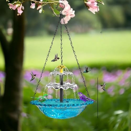 Hanging Bird Bath with Solar Fountain Cascade Powered Birdbath Water Fountain Pumps Dispenser Outdoors Decor Hummingbird Bath Shower Bowl for Outdoor Gardens Yard Patio Backyard Decoration (Blue A) - 1