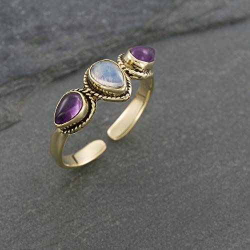 Boho Gold Brass Ring With Rainbow Moonstone and Amethyst Stones,Open and Adjustable Tribal Oval Stone Ring, Hippie Ethnic Handmade Natural Stone Ring, Unisex Indian Jewelry For men and women
