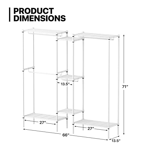 Monibloom Garment Rack Heavy Duty Clothes Rack Steel 66 Inch Expandable Clothing Rack With Shelves, Freestanding Portable Adjustable Feet Wardrobe Closet Rack For Hanging Clothes, Load 1000Lbs, White #TOP1