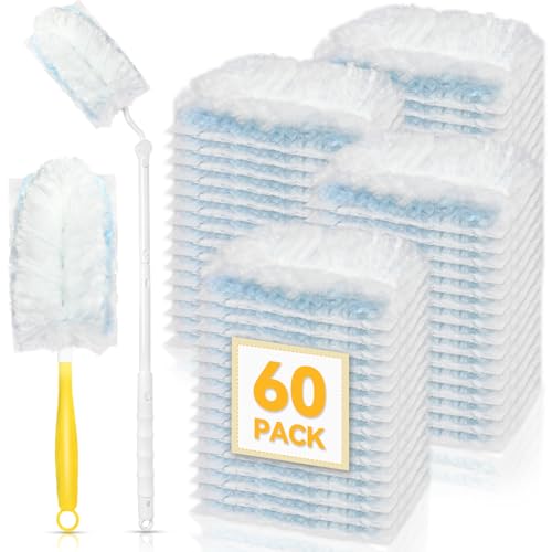 Image of 60 Pack Dusters Refills Compatible with Swiffer Duster Handle Models, 180 One Sided Duster Refills for Short and Extendable Handles, with 1 Pack Extendable Handle + 1 Short Handle