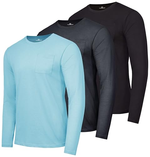 Real Essentials 3 Pack: Men's Cotton Performance Long Sleeve Crew Neck Pocket T-Shirt Athletic Top (Available in Big & Tall)