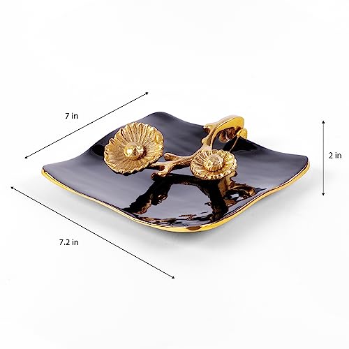 Gute Bronze Gold Floral Napkin Holder Decor - Golden Brass Flower Detail & Black Reflective Tray thumb #6