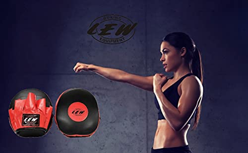 Image of LEW Pre-Curved Genuine Leather Focus Pads for Boxing & Kickboxing Training - Black & Red | Curved Punch Mitts for MMA, Muay Thai, Sparring & Martial Arts Practice (Black & Red)