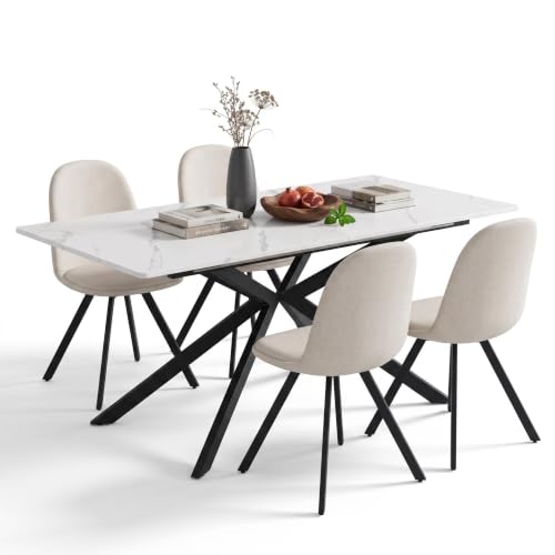 Mesa de comedor extensible con 4 sillas giratorias en MDF de efecto mármol 2