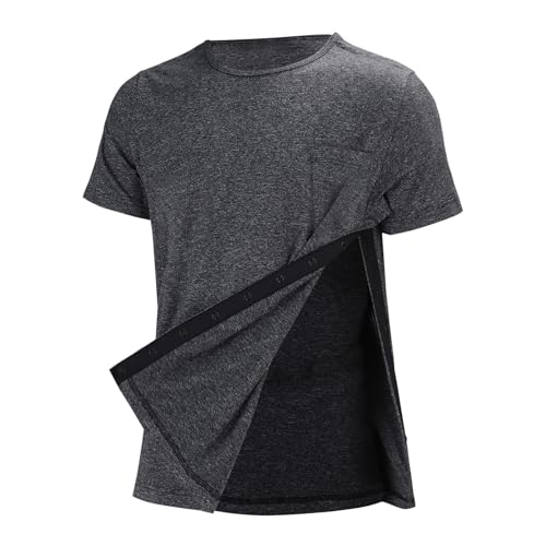 Chemise chirurgicale pour hommes - T-shirt post-opératoire pour épaule - Chirurgie des épaules - Récupération - Déchirable - Manches courtes - Entièrement ouverte sur le côté - Boutons à pression