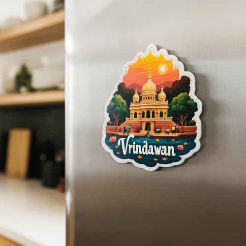 Image of Naxon Vrindavan Theme Souvenir Wooden Fridge Magnet for Refrigerator - Printed Fridge Magnet for Kitchen & Home Decor | Perfect Souvenir Gift | Size 3x3 in | Pack of 1