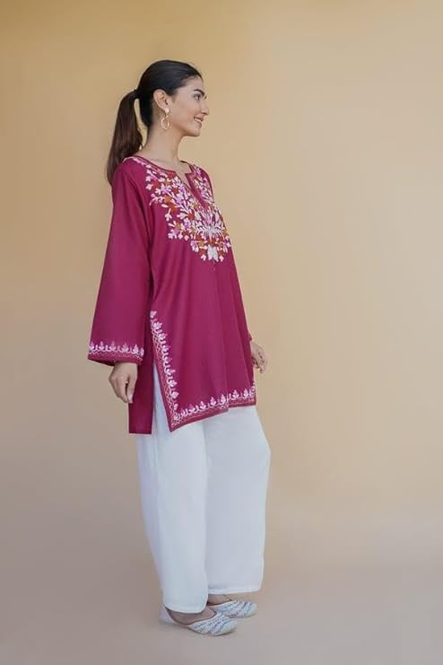 Image of Women's Magenta Embroidered Kurti with Floral Yoke Design