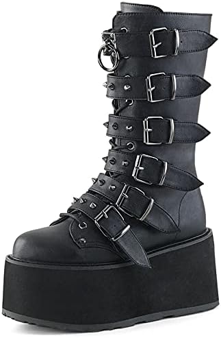 Erocalli Womens Platform Boot Goth Mid Calf Boots Punk Combat Motorbycle Gothic Wedges High Heel Round Toe Boots