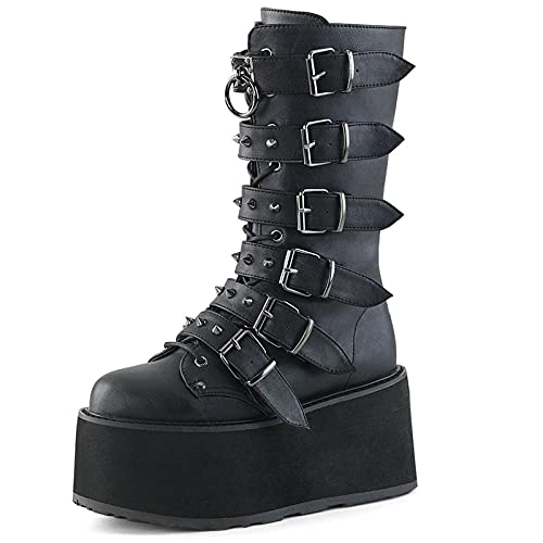 Erocalli Womens Platform Boot Goth Mid Calf Boots Punk Combat Motorbycle Gothic Wedges High Heel Round Toe Boots #TOP9