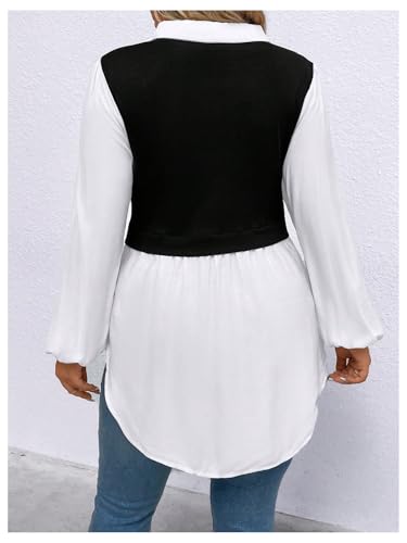 OYOANGLE Women's Plus Size Colorblock Collared Lantern Long Sleeve Button Down Blouses Elegant Office Peplum Shirt Tops2