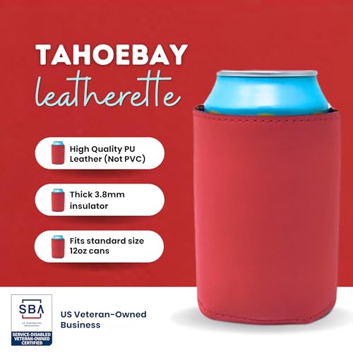Image of TahoeBay Leatherette Can Cooler Sleeves in Bulk, 12-Pack, Red | Blank Faux Leather, Plain Neoprene Beer Coolers for 12 oz Cans, Blanks for Heat Transfer Vinyl, Groomsmen Gifts, Party Favors