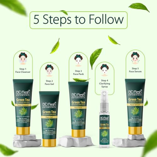 Image of Biofresh Botanicals Green Tea Facial Kit 5-Step Easy Solution for Oil Control Acne Reduction Sebum Production with Brighten Skin Complexion and Glow at Home 100% Vegan Facial Kit for All Skin Types