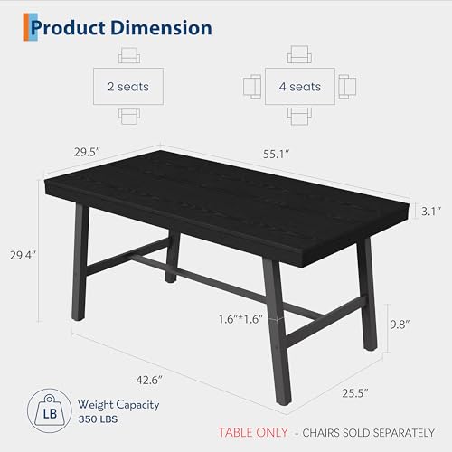 Image of GarveeHome Industrial Dining Table for 2-4, 55 inch Heavy Duty Rectangular Kitchen Table with 2 inchx2 inch Metal Legs, Small Space Dining Table for Kitchen, Dining Room (Black, 55 inch Non-extendable)