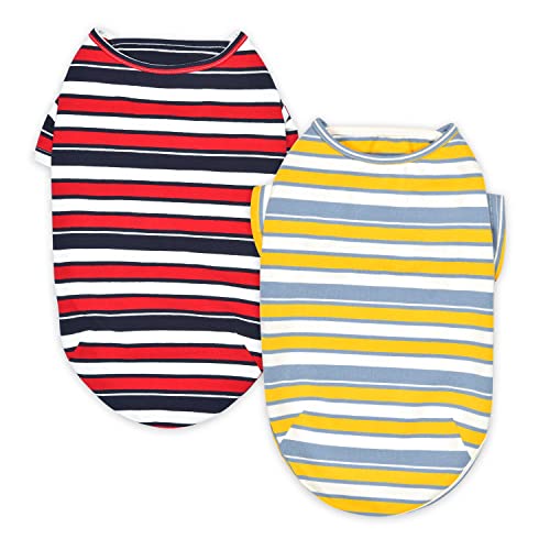 Knuffelen Dog Shirts Cotton Striped T-Shirt, Summer Pet Clothes For Small Dogs, 2-Pack Soft Puppy Apparel Cat Tee, Breathable Stretchy, Red Yellow M #TOP2
